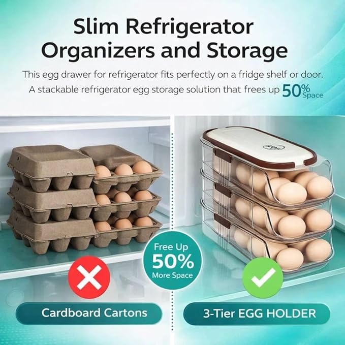 3-Tier Egg Dispenser for Refrigerator, Rolling Egg Organizer with Time Tracker, Stackable BPA-Free Egg Container Holds 42 Eggs, Fresh Egg Holder for Countertop Storage