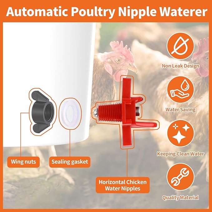 LemonRoad 50 Pack Horizontal Chicken Nipples Horizontal Poultry Automatic Waterer Nipples Chicken Water Feeder with 50 Pcs Ring Gaskets, 50 Pcs Wing Nuts and Drill Bit for Bucket Ducks Quail(Red)