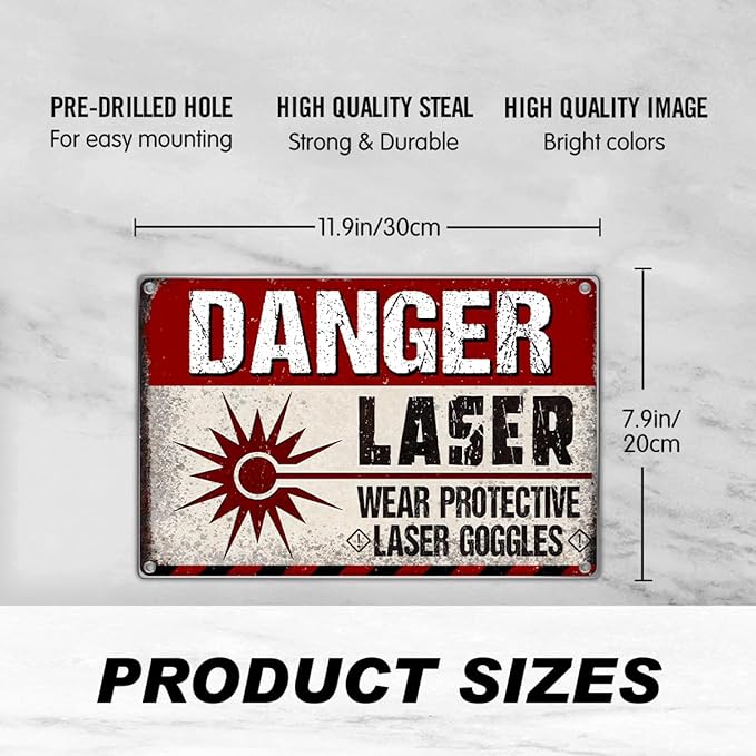 Danger Laser Wear Goggles Metal Sign Vintage Retro Wall Decor Warning Safety Notice For Workplace Lab Industrial Area 12 x 8 Inch Aluminum Indoor Outdoor Art