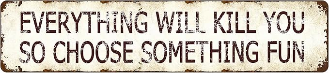 Humorous Metal Wall Art - Everything Will Kill You, So Choose Something Fun - Retro Aluminum Sign 16x4 Inch, Vintage Philosophy Tin Plaque for Man Cave Bars and Cafes, Dark Humor Wisdom