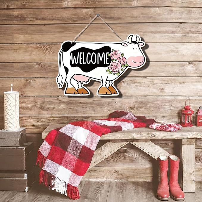 Farmhouse Decor Cow Welcome Sign, Rustic Wood Wall Art Watercolor Oil Painting Style Black and White Cow with Flowers Animal Shaped Hanging Plaque for Kitchen Porch Barn, 11.8x8 Inches