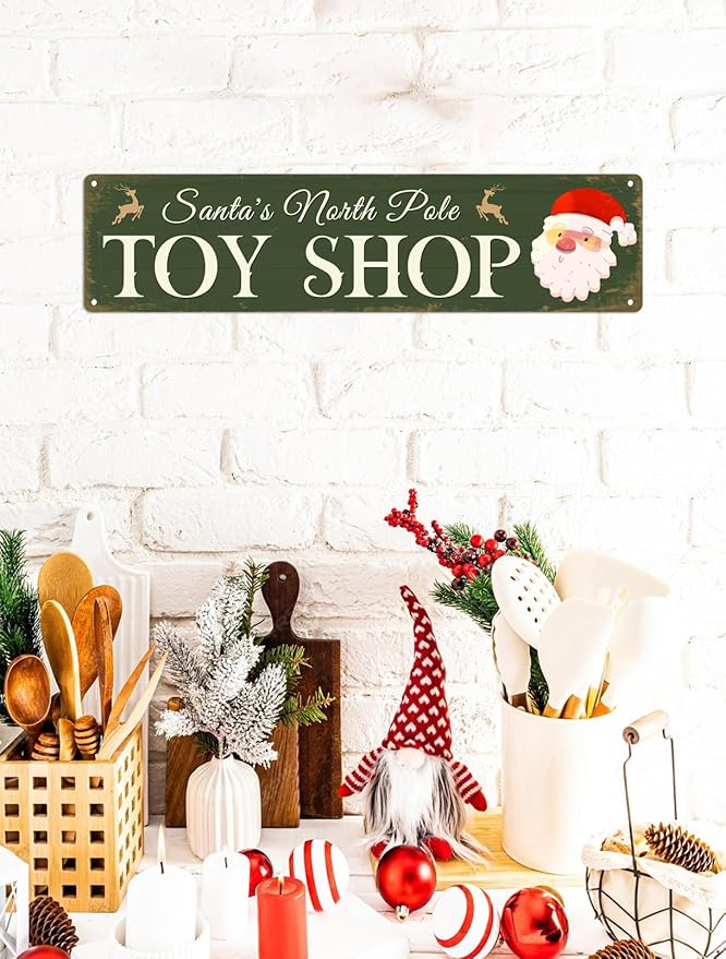 Santa's North Pole Toy Shop Christmas Metal Sign Vintage Print Art Poster Tin Plaque for Home Farmhouse Kitchen Patio Yard Cafe Bar Front Door Wall Decor 4x16 Inch