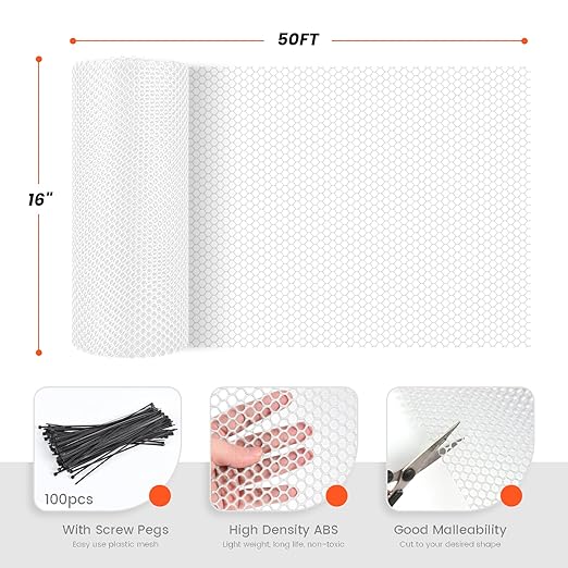 16IN x 50FT Plastic Chicken Wire Mesh, Chicken Wire for Floral Arrangements, Chicken Wire Mesh for Crafts with 100 Pcs Zip Ties, Mesh Fence for Dogs, Deers, Poultry