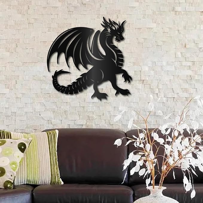 CREATCABIN Metal Dragon Wall Decor Black Iron Wall Hanging Western Fairytale Fly Dragon Animal Sculpture Wall Artwork Sign Ornament for Living Room Office Garden Balcony Decoration 11.8 x 11.8 Inch