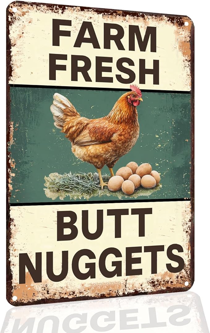 Funny Chicken Coop Sign Farm Fresh Butt Nuggets Tin Sign Vintage Metal Sign for Farm Yard Wall Decor Tin Sign 8x12 Inch