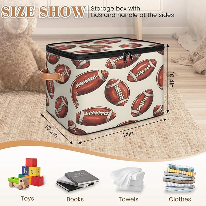 Storage Cubes with Lid Fabric Storage Bins Boxes PU Leather Handles, Rugby Football Closet Organizer Container Foldable Washable Shelf Cloth Basket, Rugby Balls Sport