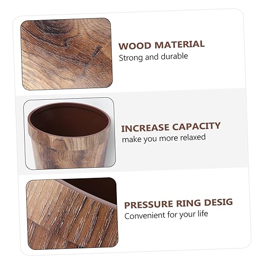 VICASKY Retro Trash Can Ornament Container Metal Storage Baskets Lip Gloss Containers Small Trash Can Rubbish Bin Wood Grain Wastebasket Garbage Bin Living Room Garbage Brown