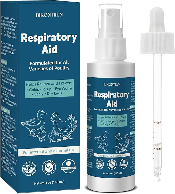 Respiratory Aid for Chicken – Natural Poultry Supplement – Drinking Water Additive – Dropper & Spray Top Included – 4Oz – Safe for All Birds