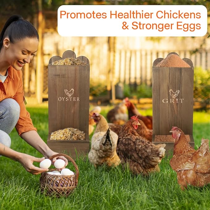 2 Pack Wooden Chicken Feeder, Oyster Shell and Grit Feeder Hanging/Ground Chicken Coop Feeder with Durable Iron Construction for Hens & Chicks