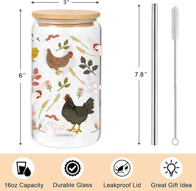 16 oz Cottagecore Glass Cup w/Lid & Straw, Funny Chicken Gifts for Chicken Lovers, Women, Men, Owners, Mom, Her, Farmer, Crazy Chicken Lady Gifts, Cute Mothers Day, Farmhouse, Rooster Decor