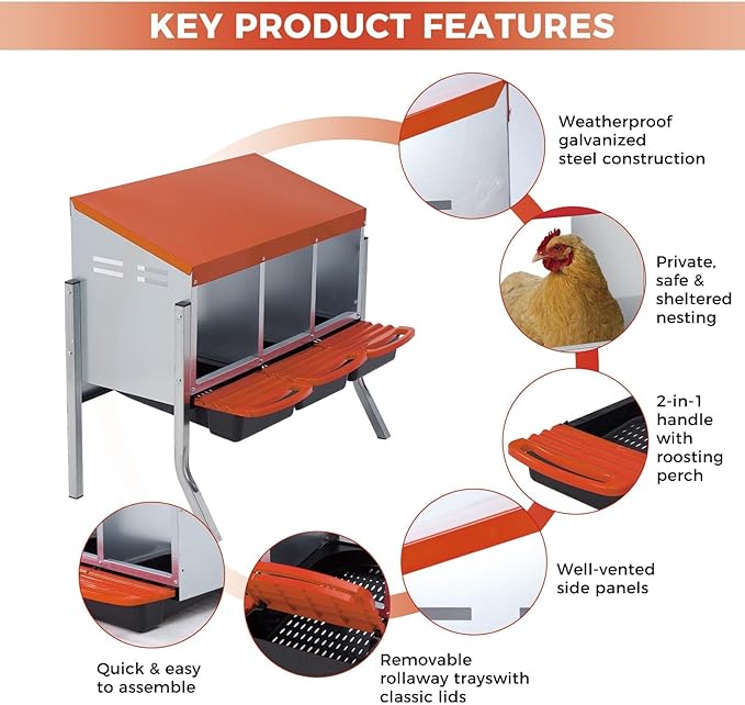 Chicken Nesting Boxes, Metal Rollaway Chicken Nest Box with Rollout Egg Collection, Removable Tray & Nesting Pads, Egg Laying Box for Chicken Coop Hens, Wall Mount or Standing, 3 Compartments, Orange