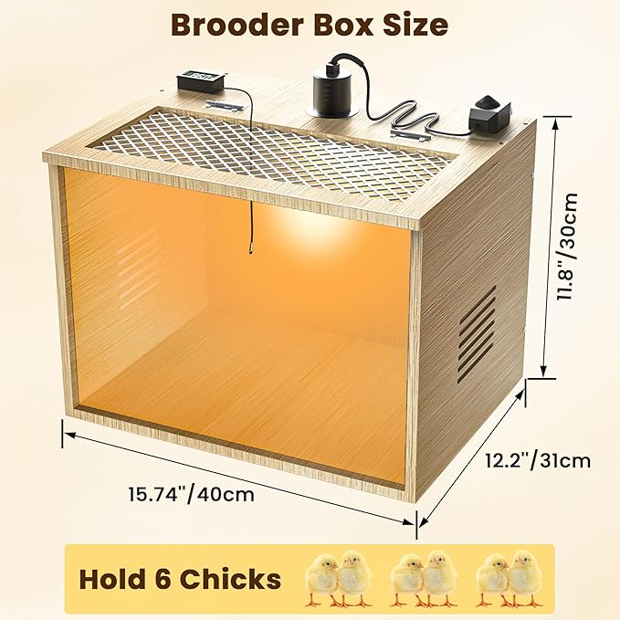 Chicken Brooder Box for Chicks Starter Kit, 16 Inch Wooden Chicken Brooder Box with 75W Heating Lamps, Thermometer and Tin Foil, Poultry Breeding Kit, for 5-7 Chicks Ducks Quail Hamsters