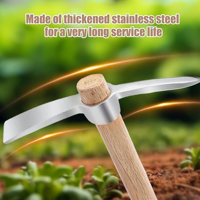 15.7in Hand Cultivator & Hoe Tool - Dual Head Stainless Steel Garden Pickaxe for Weeding, Digging, Planting - Ergonomic Wooden Handle for Farming, Landscaping, Bonsai Care