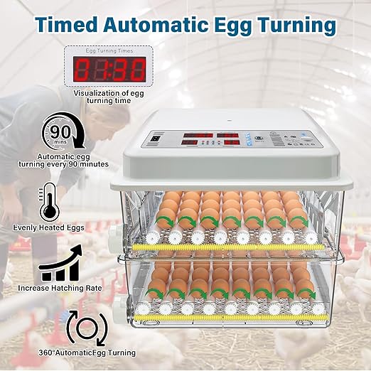 120 Egg Incubator Automatic Turning LED Display Temperature Humidity Control Built-in Candler External Water Fill Duals Power 110V/12V for Hatching Chicken Duck Quail Goose Eggs