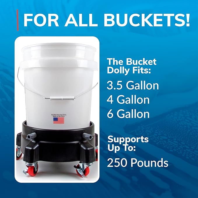 Grit Guard Bucket Dolly with Wheels - Rolling Detailing Wash Bucket with 5 Wheels and 2 Locking Casters Compatible with 2.5, 4, 5 and 6 Gallon Buckets (Blue, 3" Grey Casters)