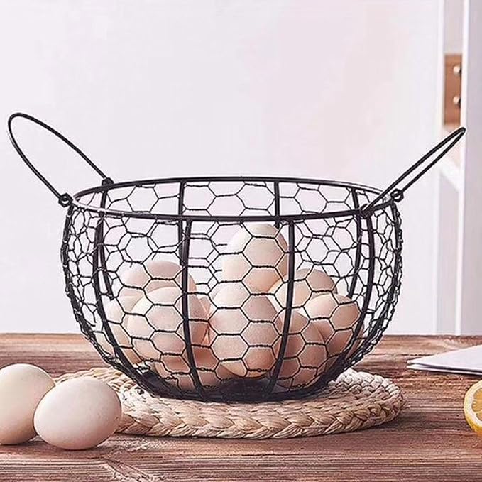 Metal Wire Egg Basket For Collecting Eggs, Chicken Wire Egg Baskets With Handle, Round Handle Egg Basket Vintage Style, Collect & Gathering Basket For Egg,Countertop Egg Basket Holder