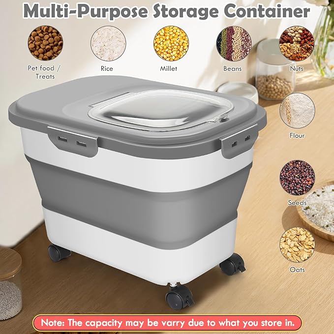 Dog Food Storage Container, 20Lbs Rice Storage Container Dispenser, Airtight Large Pet Cat Food Bin with Wheels, Scoop & Measuring Cup, Collapsible Kitchen Dry Food Holder for Four Sugar Cereal Kibble