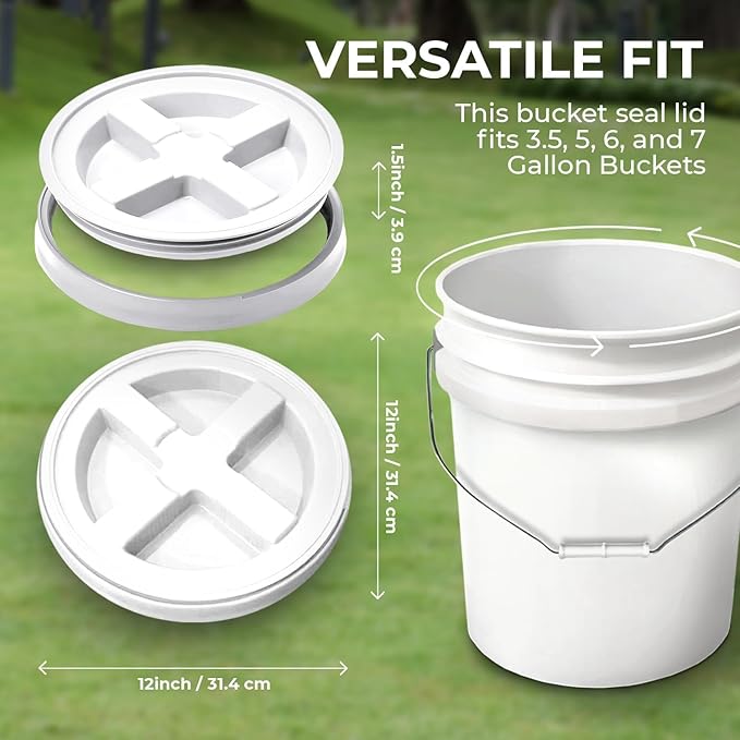 5-Gallon White Bucket Pail with Gamma Seal Screw on Airtight Lid, Heavy-Duty 90MIL Extra Durable, Food Grade, Metal Handles with Plastic Grip for Easy Carrying, Easy Stack & Store, BPA Free - 1 Pack