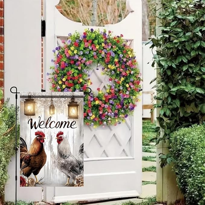 Welcome Rooster Garden Flag 12x18 Inch Double Sided Outdoor Yard Banner Farmhouse Chicken Lantern Rustic Wood Design Country Home Decoration for Porch Patio Lawn Garden Decor