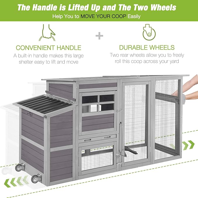 GUTINNEEN Chicken Coop with Wheels Portable Hen House for 4-6 Chickens with Large Run, Nesting Box, Metal Tray, 74.9"