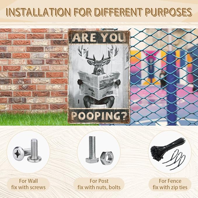 WADORN Funny Deer Vintage Metal Tin Sign, 8x12 Inch Are You Pooping Deer Retro Tin Sign Black and White Bathroom Wall Art Decor Plaque Gift for Home Bathroom Toilet Restroom Shower Room Washroom