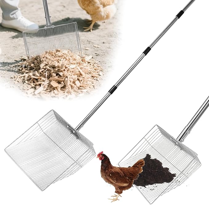 12 inch Chicken Poop Scooper, 4 in 1 Adjustable Chicken Coop Pooper Shovel (24 to 68"), Stainless Steel Sifting Litter Shovel Scoop for Chicken Coop/Goat Stall/Stable Cleaning
