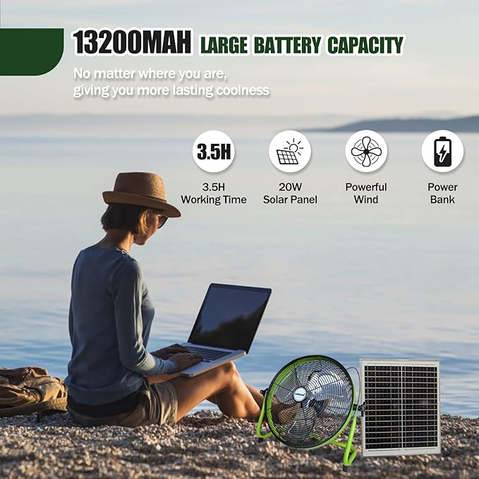 14Inch Outdoor Fan, Battery Operated Fan Can Running 3.5-24 Hours, Solar Fans For Home,Outside,Shed,Patio,Greenhouse, with USB Output For Phone