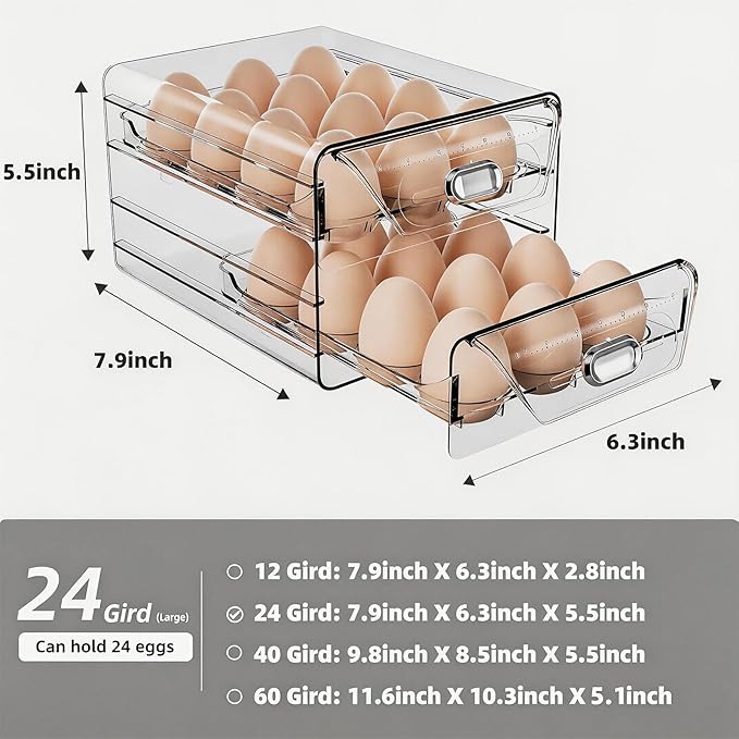 HIYOHIYO Clear 24 Egg Holder for Fridge, Large Egg Organizer for Refrigerator, Stackable Egg Storage Trays for Countertop, Eggs Drawer Dispenser with Time Scale (2 Layer, 7.9"x 6.3"x 5.5")