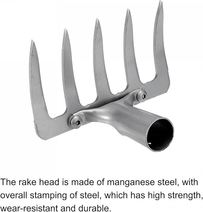 uxcell 5 Teeth Garden Rake Head, Galvanized Manganese Steel Stone Rake for Garden Farm Backyard Without Handle Hard Rake Head Only, Silver Tone