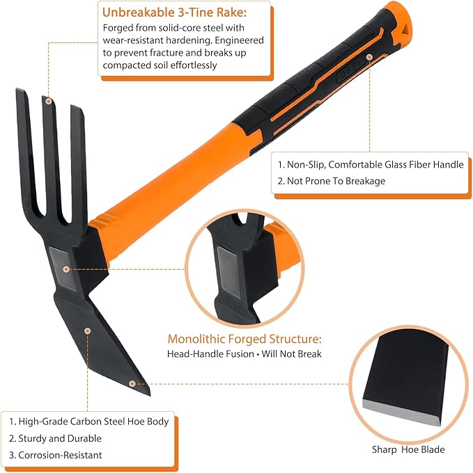 2pcs Pick Axes for Digging and No Installation Required Garden Hoe and Cultivator Hand Rake Garden Tool Durable and Comfortable Handle Mattock Weeding Hoe （Orange）