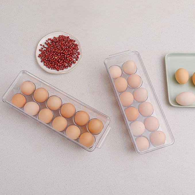 Sooyee 2 Pack Egg Holder for Refrigerator, Plastic Egg Storage Container, Fridge Egg Organizer, Clear Refrigerator Organizer Bins with Lids, Stackable Tray Holds 12 Eggs