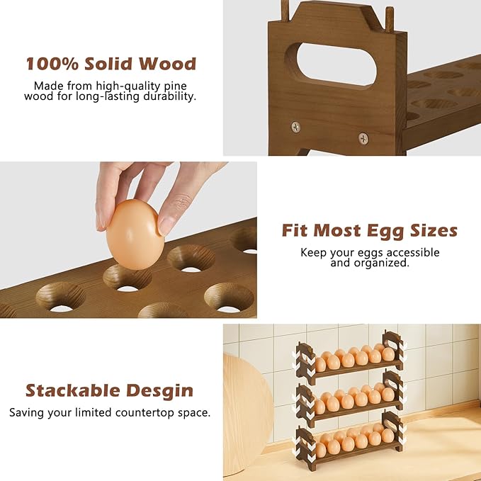 Wooden Egg Holder Countertop Fresh Chicken Egg Holders Storage for Gathering Fresh Eggs, 3-Tier Stackable with 36 Eggs, Farmhouse Home Eggs Rack Organizer Decoration