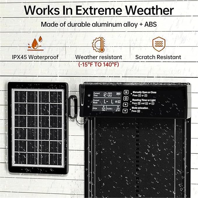 Waterproof Aluminum Alloy Solar Chicken House Door, Automatic Solar Chicken Coop Door Timer Light Sensor, Adjustable for 4-12V Poultry House