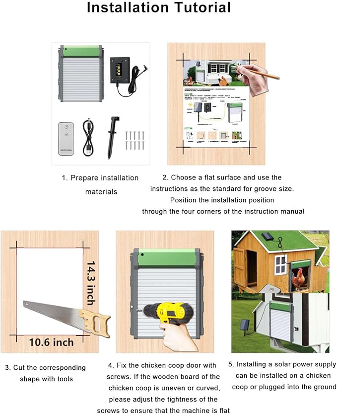 Automatic Chicken Coop Door, Solar Chicken Coop Door Poultry Supplies Solar Powered Electric Opener with Timer Light Sensor IP67 Waterproof Chicken Coop Door for Chicken