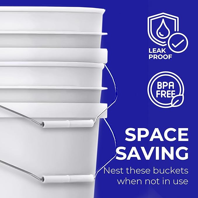 5-Gallon White Bucket Pail Container with Lid | Food Grade | Heavy-Duty 90MIL Extra Durable | Metal Handles with Plastic Grip for Easy Carrying | Multi-Use | Easy Stack and Store | BPA Free - 1 Pack