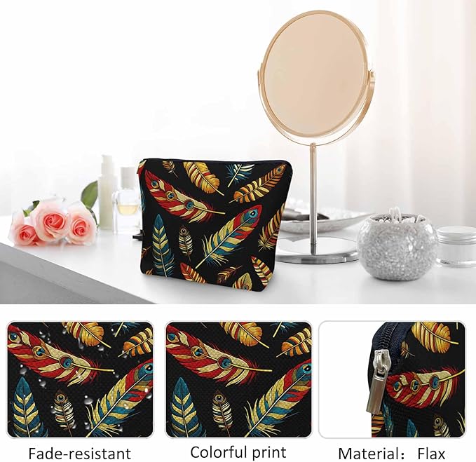 Peacock Feathers Makeup Bags Makeup Organizer, Tribal Tropical Peacock Feather Flax Toiletry Bags Travel Cosmetic Bag Makeup Purse Pouch Skincare Bag Wallet Bags For Women Men