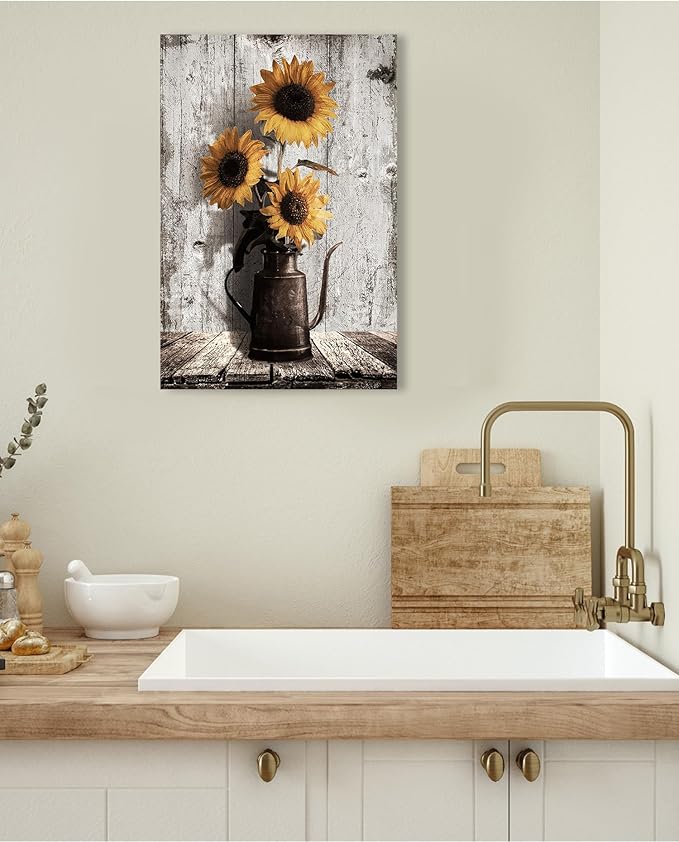 Sunflower Pictures Farmhouse Wall Art: Rustic Sunflower Paintings Canvas Wall Art for Kitchen,Yellow Sunflowers Vintage Poster Hanging Country Wall Decor for Home Living Room Bedroom 10x15 Inches