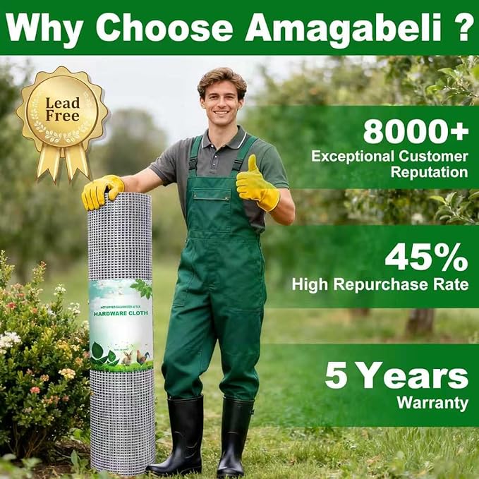 Amagabeli Hardware Cloth 1/2 inch 48 x 100 ft 19 Gauge Chicken Wire Fence Hot-Dipped Galvanized After Welding Welded Wire Fencing Mesh Roll Plant Support Gopher Snake Rodent Rabbit Poultry Netting