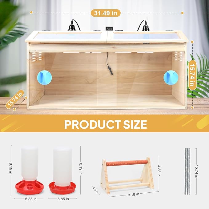 Chick Brooder Box Chick Starter Kit,Large Wooden Brooder Box for Chicks with Waterer Feeder Perch Thermometer and Heat Lamp Set,Baby Chicken Supplies for Duck Quail Hamsters and Lizards