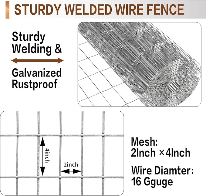 Tongmo 4 ft x 50 ft Galvanized Welded Chicken Wire Fence, 16GA Garden Chicken Wire Fence Roll, Mesh Size 2" x 4"Hardware Cloth, Ideal for Yard Protection and Poultry Netting