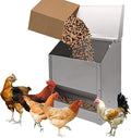 Galvanized Steel Chicken Feeders No Waste Poultry Feeder Rainproof Hanging Poultry Feeder Trough with Lid Holds 25lbs of Feed, No Assembly Required