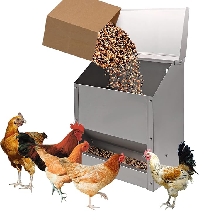 Galvanized Steel Chicken Feeders No Waste Poultry Feeder Rainproof Hanging Poultry Feeder Trough with Lid Holds 25lbs of Feed, No Assembly Required