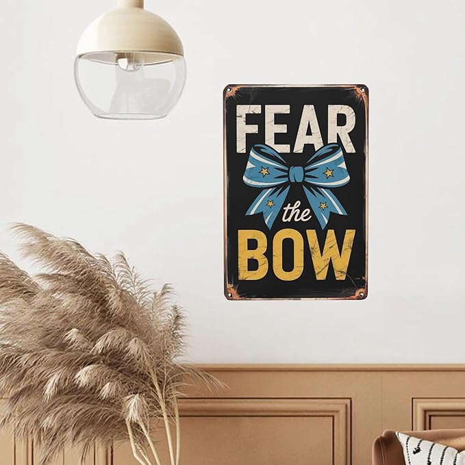 Retro humor wall art sign featuring Cheerleading Cheer Fear The Bow Metal Tin Sign School Gym Decor Perfect For Hanging In Bedroom Locker Room Rustic 8x12 inch metal sign for home bar wall decor