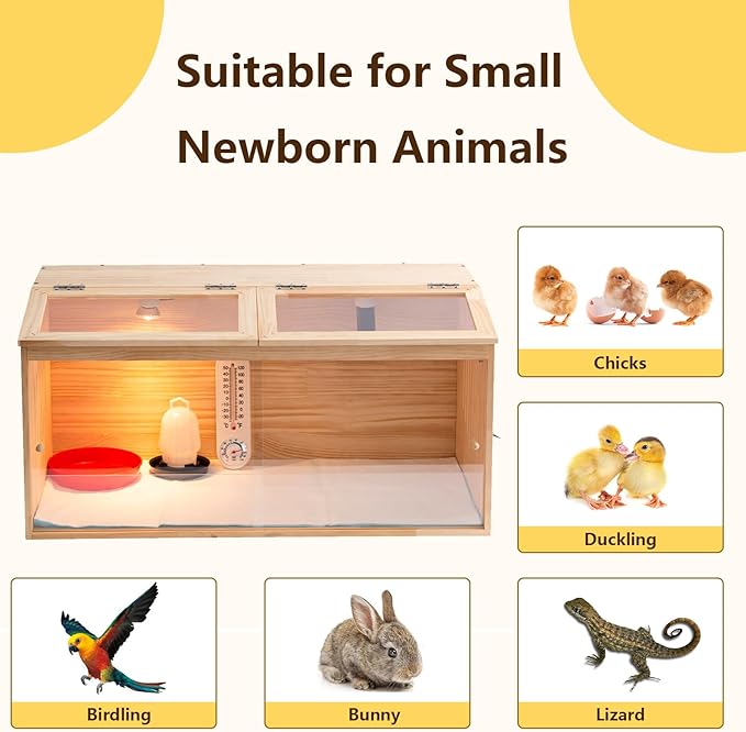 Large Wooden Chicken Brooder Box with Bulb Set and Thermometer - Brooder Box for Chicks Indoor Accommodates Up to 12 Chicks - Ideal for Chickens, Ducks, Quails, Hamsters, and Lizards（32x16x16 Inches）