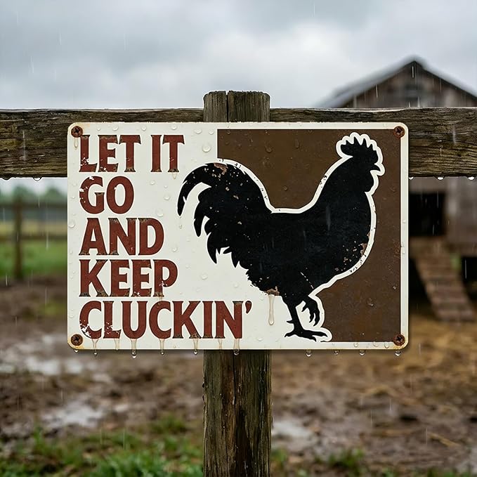 Funny Chicken Metal Sign Outdoor, Aluminum Farmhouse Wall Decor for Coop Door or Yard Area, Fluffy Humor Country Living Style, Rustic 8x12 Inch Gift