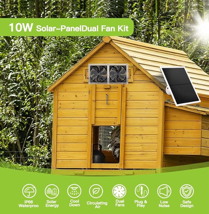 10W Solar Fan, Dual Metal Shell Exhaust Fan Kit for Chicken Coops, Greenhouses, Sheds, Pet Houses, and Windows, chicken coop accessories