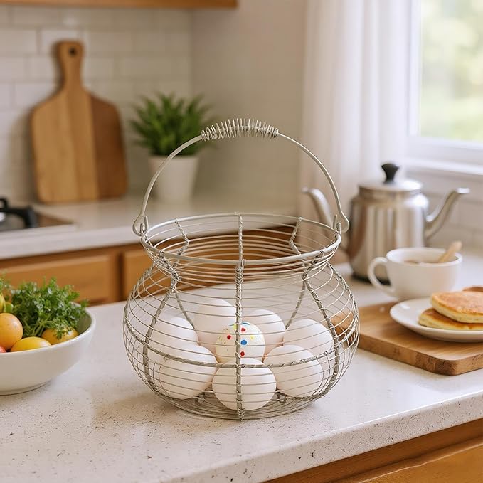 Egg Collecting Basket - Vintage Woven Wire Organizer, Chicken Egg Basket, With Handle Counter Ovum Holder | For Kitchen Counter Farmhouse Garden Harvest Fruit Vegetable Easter Festival