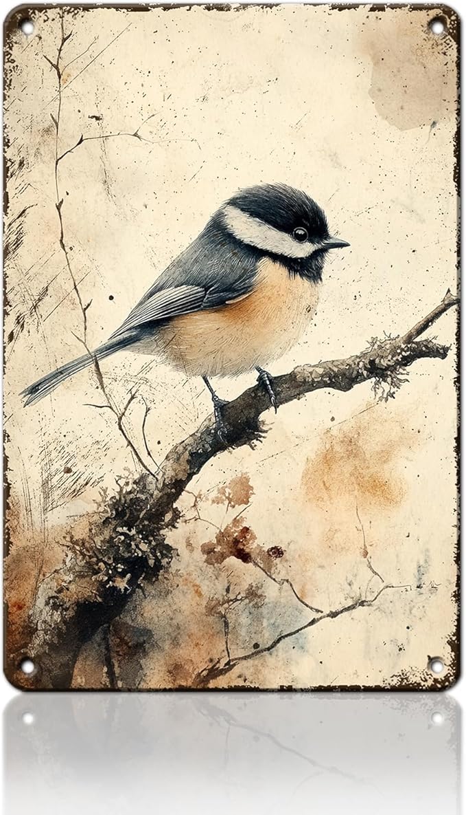 Chickadee Bird Chickadee Retro Wildlife Vintage Tin Sign Wall Art Decor for Home Living Room Kitchen Garden Bedroom Office Hotel Cafe And Pub Decoration 12x16inch