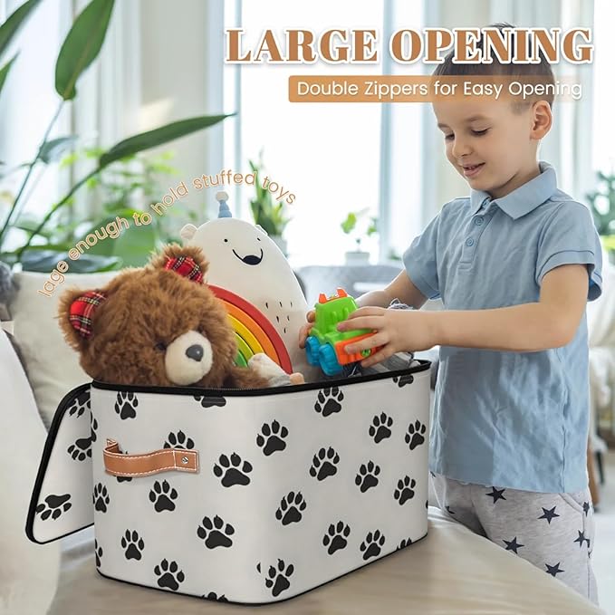 Storage Cubes with Lid Fabric Storage Bins Boxes PU Leather Handles, Dog Pet Paw Print Closet Organizer Container Foldable Washable Shelf Cloth Basket, Cat Pet Paw