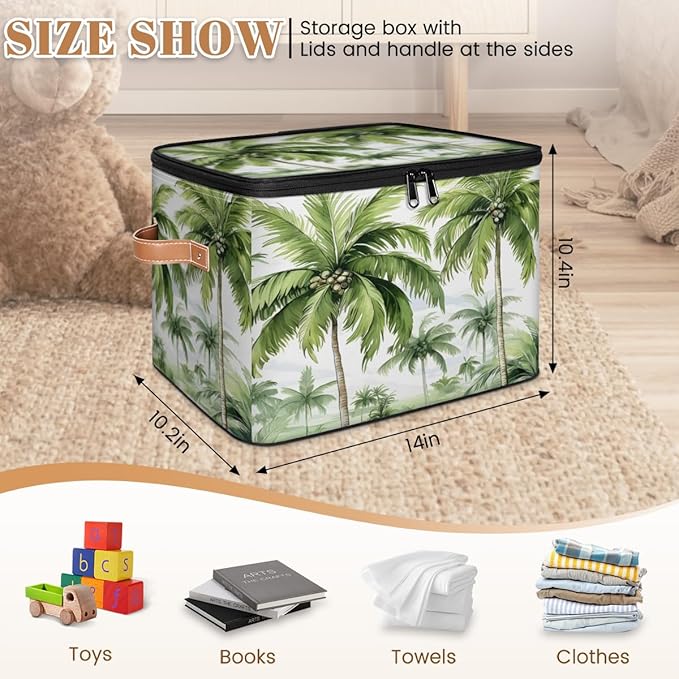 Palm Tree Storage Bins with Lids, Tropical Trees Fabric Storage Boxes with Zipper, Collapsible Decorative Closet Organizer Cube for Clothes, Organizing, Shelves